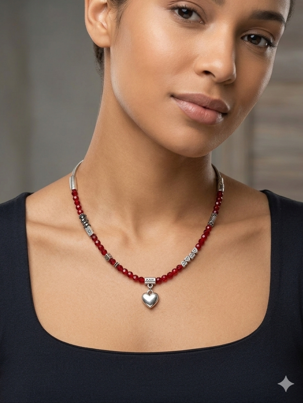 Brighton Red Beaded Necklace with Silver Heart Pendant